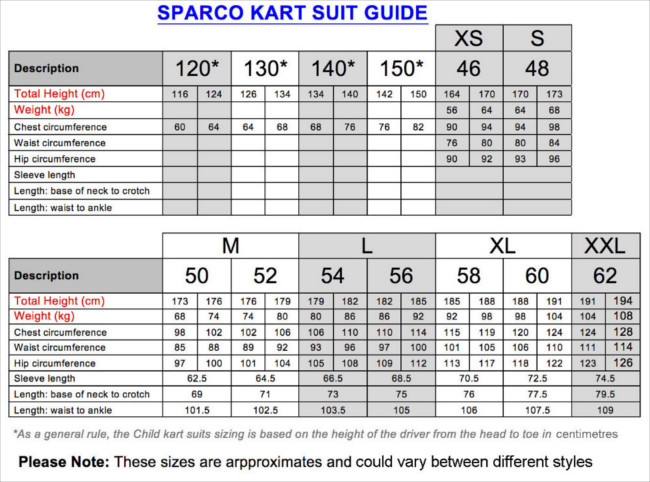 Sparco Kart Race Suit Size Chart